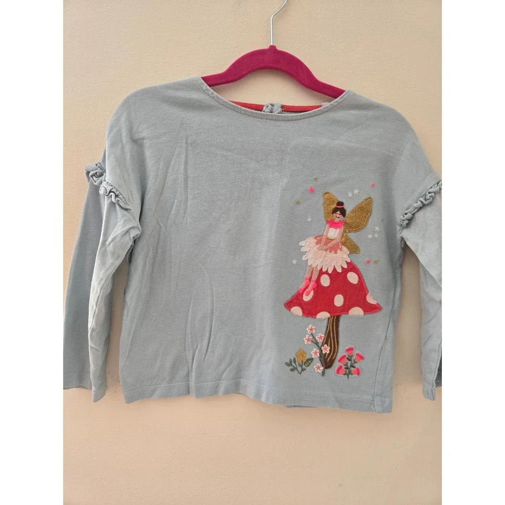 Mini Boden Girls Blue Fairy Mushroom Embroidered Long Sleeve Top 3-4Y 104cm